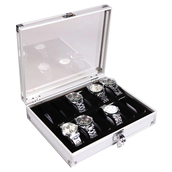 Durable Aluminum 12 Slots Wrist Watch Display Box Lockable Showcase Jewelry Storage Case Organizer (Silver)