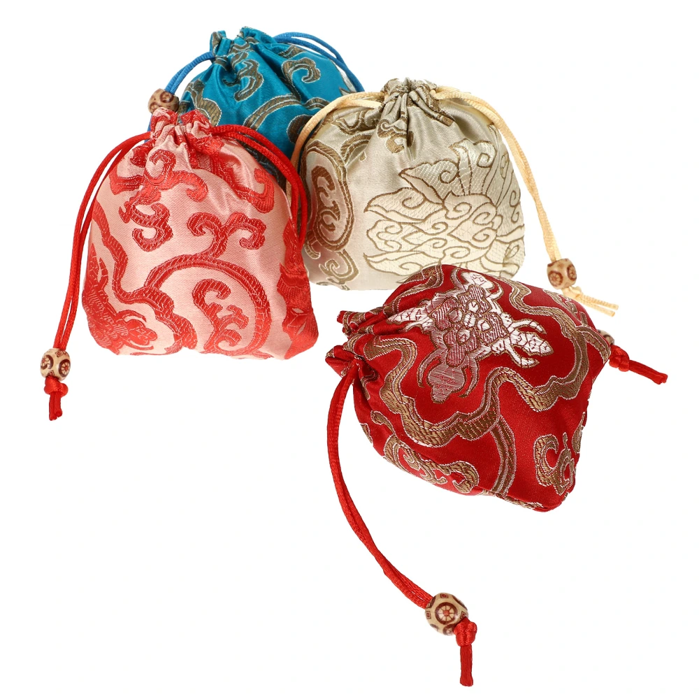 4pcs Vintage Flower Printing Pouches Jewelry Jade Storage Bag Festival Drawstring Brocade Bags Gift Bags(Random Color)