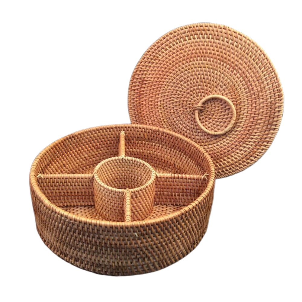 1PC Round Handmade Rattan Woven Storage Basket Fruit Food Sundries Picnic Organizer with Lid (Size S)