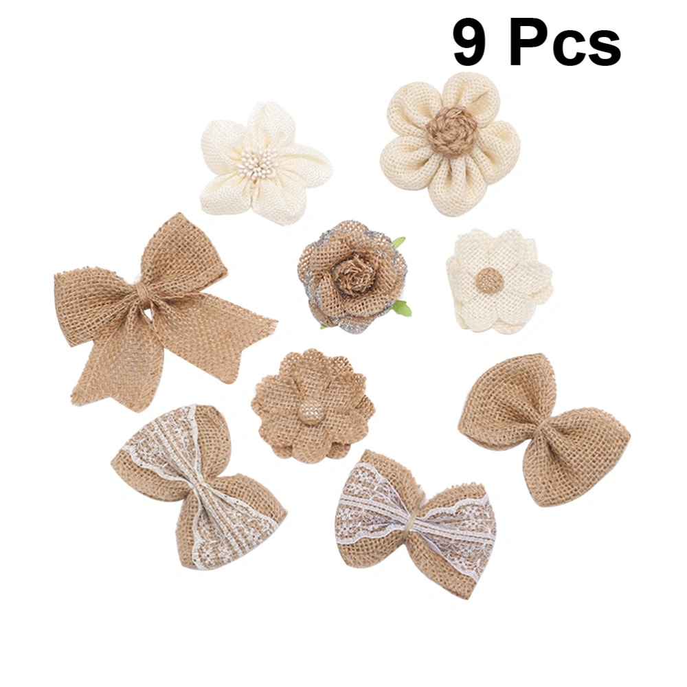 9PCS Jute Flower Bowknot DIY Vintage Handmade Materials Christmas Wedding Party Birthday Decoration Flower Hat Rose Burlap Gift