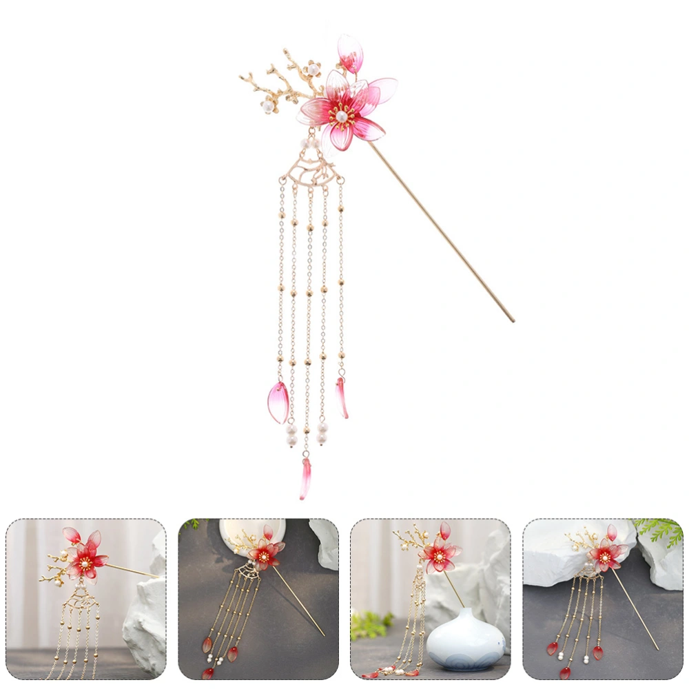 1pc Chinese Style Hair Stick Imitated Jade Pearl Inlaid Tassel Hair Chopstick