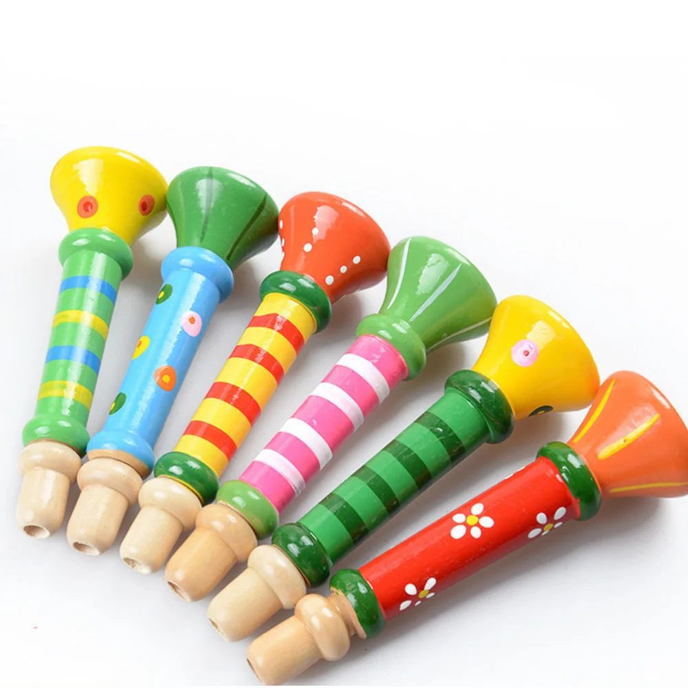 2pcs Wooden Horn Hooter Trumpet Instruments Music Toys Kids Children Early Educational Toy (Random Color)