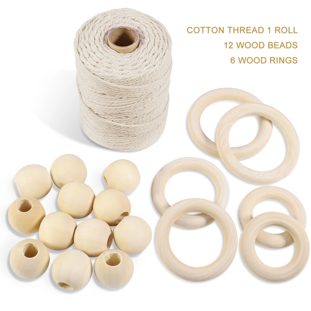 Supvox 3mm 100 Yards Natural Macrame Cord Cotton Thread with 12PCS Wood Beads 6PCS Wood Rings for Crafts DIY Plant Hangers