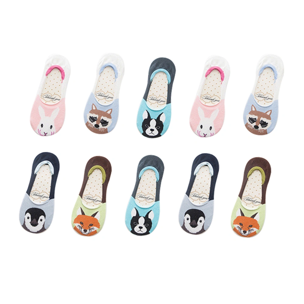 5 Pairs Animal Socks Rabbit Dog Printing Socks Silicone Non-slip Invisible Boat Socks for Women Lady (Random Style)