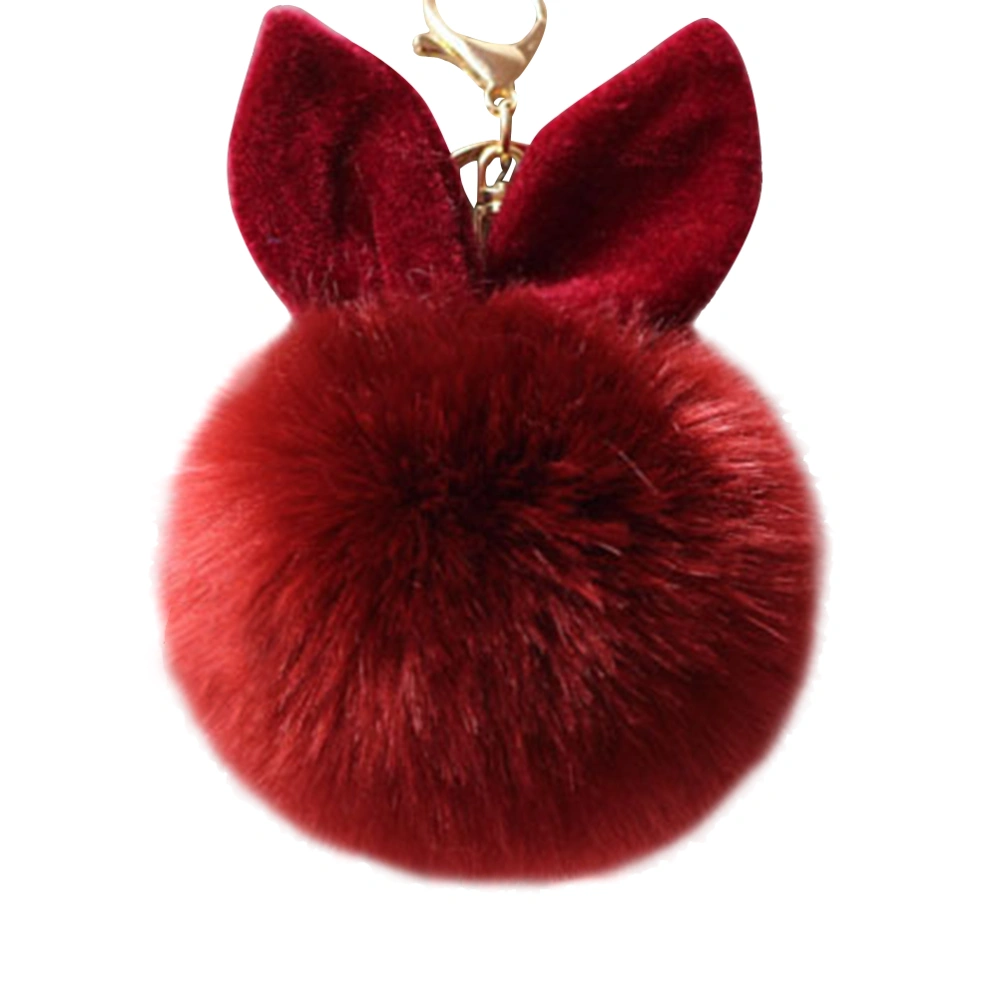 Pom Pom Fur Ball Keychain Rabbit Ear Keyring Bag Charm Decoration (Wine Red)