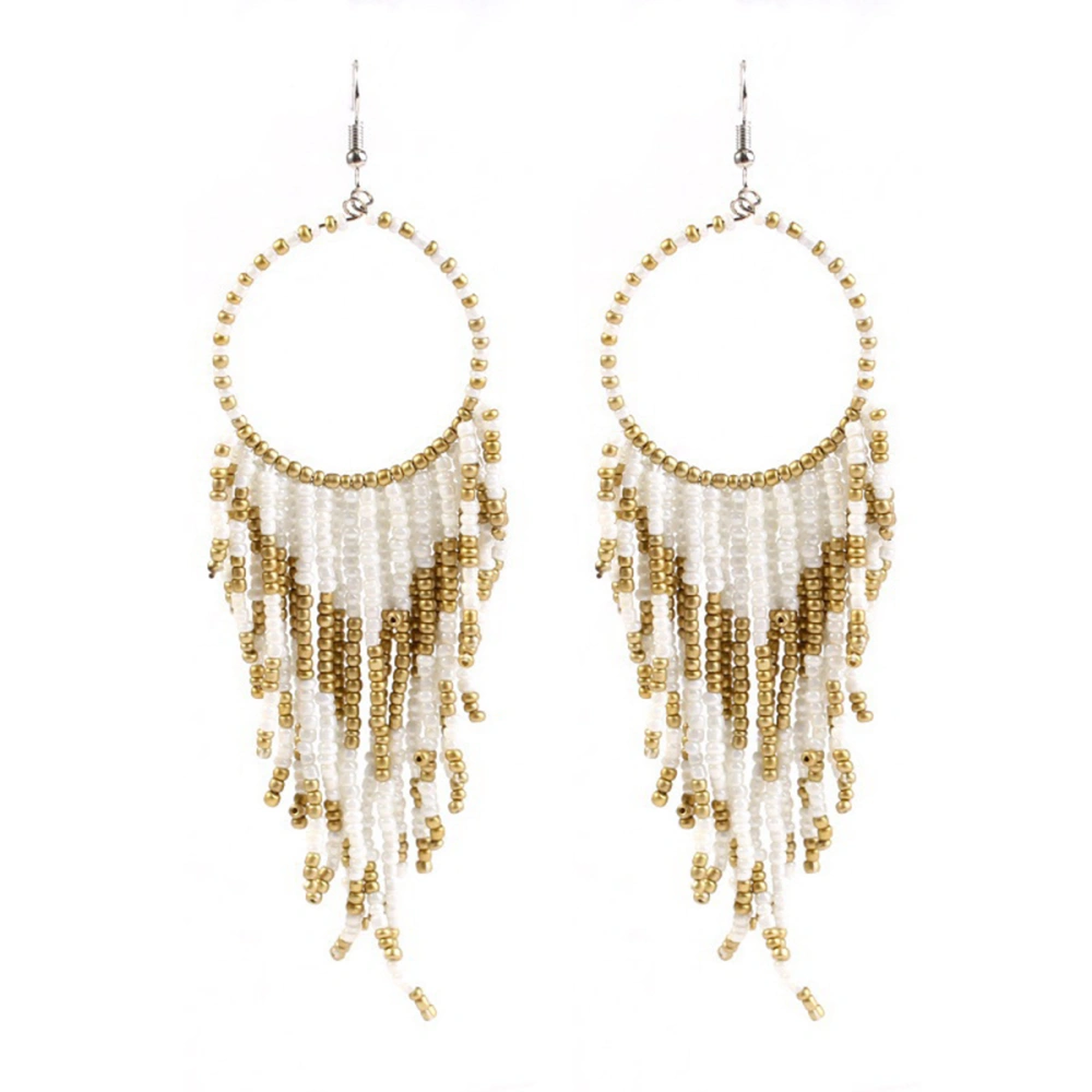 Vintage Earrings Tassel Ear Dangle Bohemian Ethnic Style Ear Drop Women Ear Pendant Alloy Ear Jewelry (White)