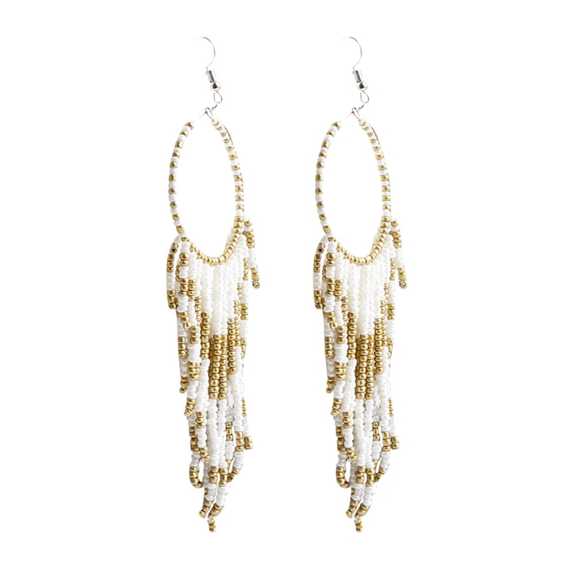 Vintage Earrings Tassel Ear Dangle Bohemian Ethnic Style Ear Drop Women Ear Pendant Alloy Ear Jewelry (White)