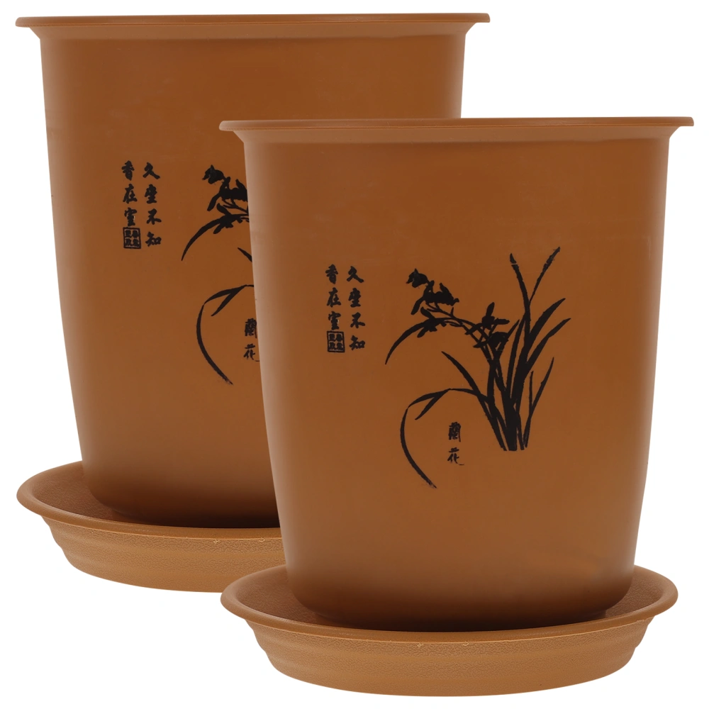 2 Sets Orchid Pot Plastic Imitation Porcelain Flowerpot Planter With Trays Random Orchid Style and Pattern