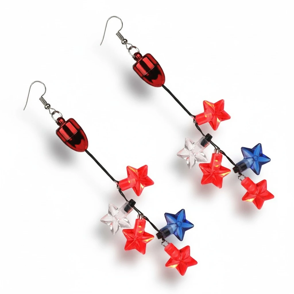 1 Pair American National Day Luminous Earrings Independence Day Ear Stud LED Glowing Star Earrings Earbobs Jewelry Pentagram Dangler Decor for Lady Girl