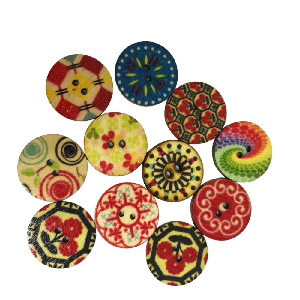 100pcs 2-Hole Retro Wooden Buttons Decorative Colorful Buttons for Sewing DIY Crafting (Assorted Paterns)