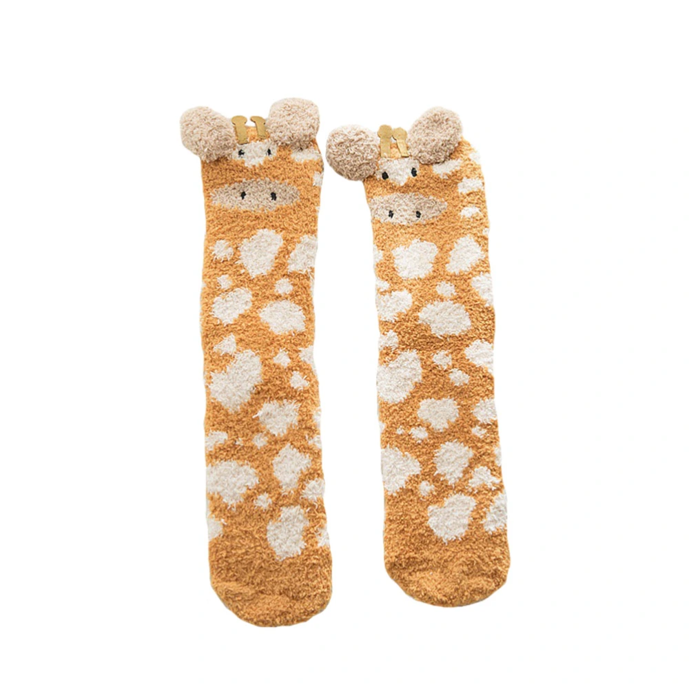 Winter Stereoscopic Giraffe Design Socks Stylish Thicken Floor Socks Coral Fleece Socks Fashion Middle Tube Stockings for Girls Lady- One Size 