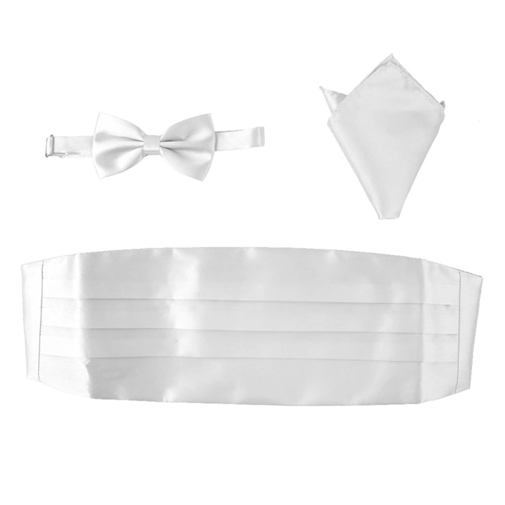 3pcs Men's Satin Bow Tie Cummerbund Hanky Handkerchief (White)