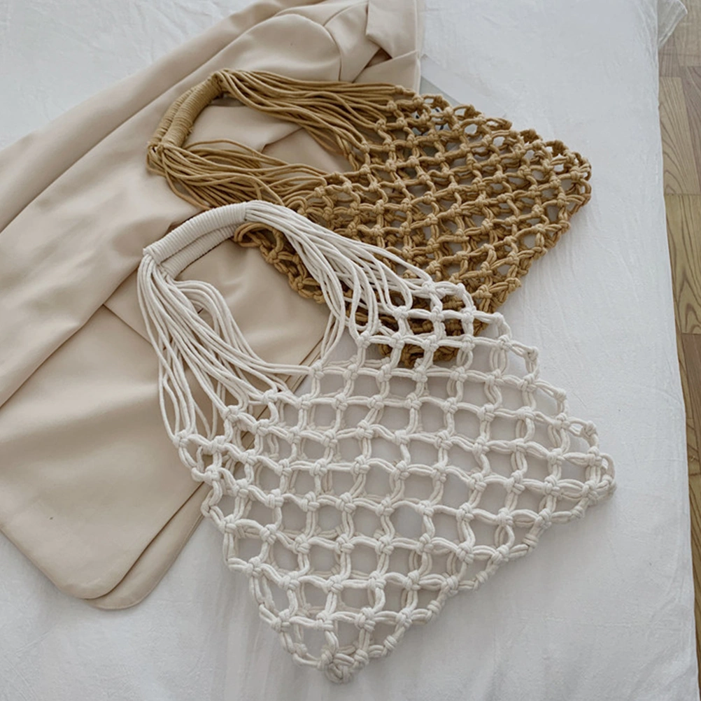 1pc Shopping Bag Handmade Woven Hollowed Bag Fashion Beach Shoulder Bag
