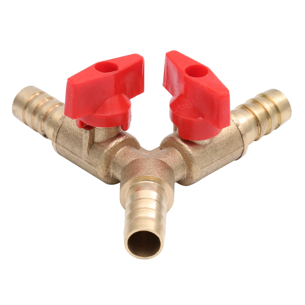 Y Shape Three-way Gas Pipe Distribution Switch Shut Off Ball Fitting Hose Barb Fuel Gas Clamp Tee (Copper 10mm Golden Red)