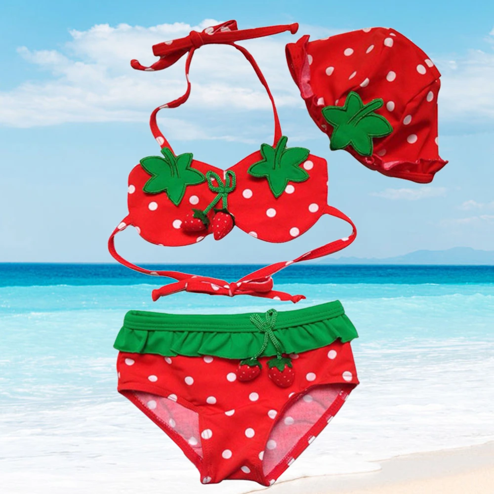 Summer Kids Baby Girls Red Strawberry Beachwear Bikini Suit Hat Swimsuit Swimwear Bathing Suit Swimming Girls Clothes - Size 100cm