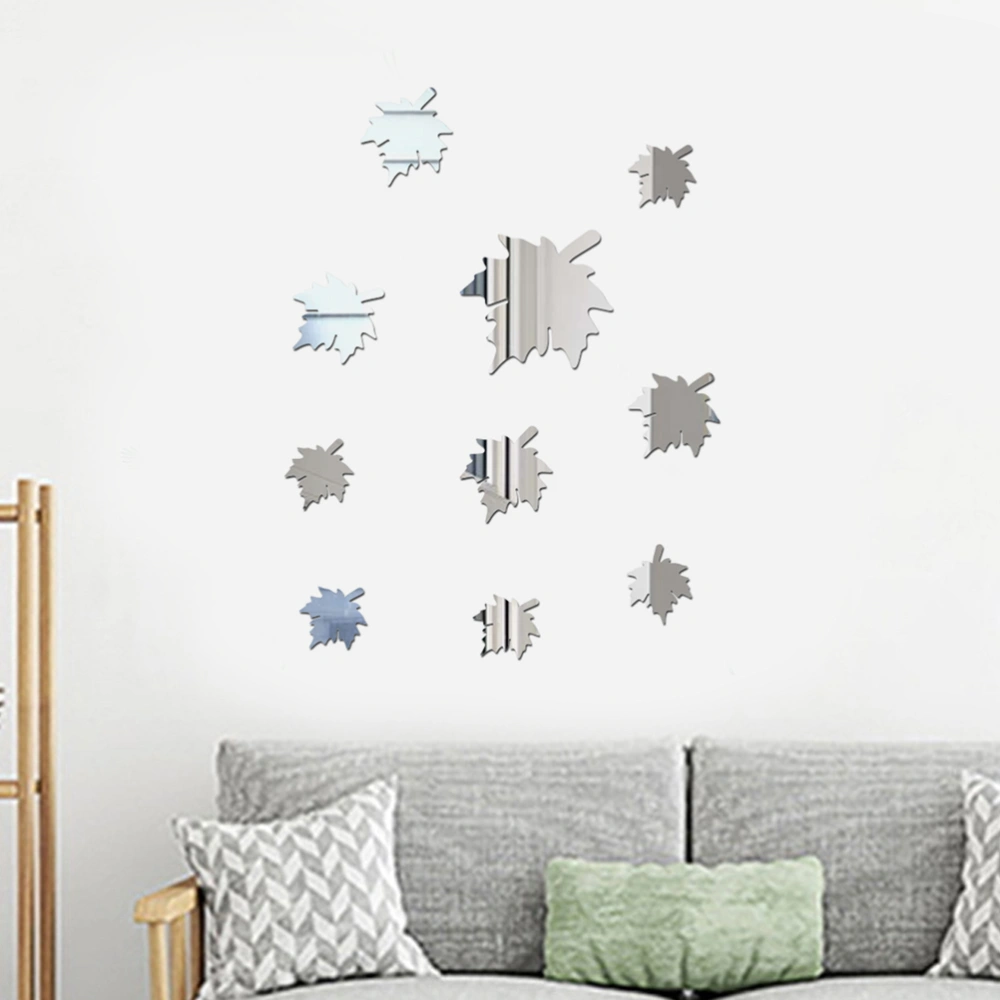 10Pcs Creative Maple Leaf Mirror Wall Stickers Acrylic Crystal Mirror Stickers Wall Decals for Home Living Room Bedroom Silver