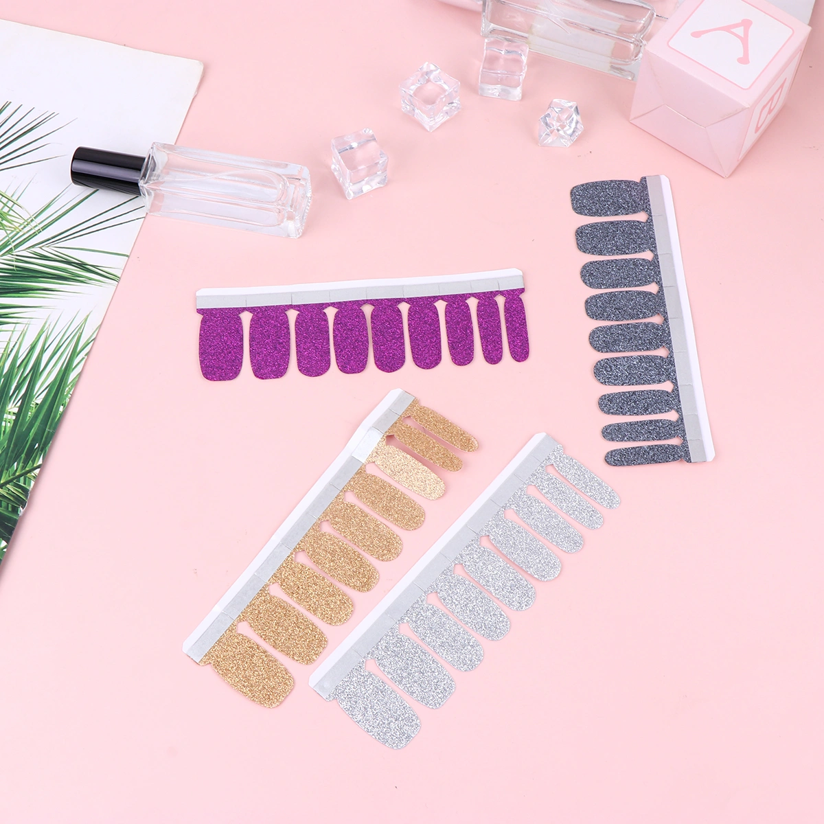 4pcs Pure Color Nail Art Stickers Fake Nail Tip Decals Nail Stickers Manicure Decoration Nail Pieces for Women Girls (Golden, Silver, Grey, Purple)