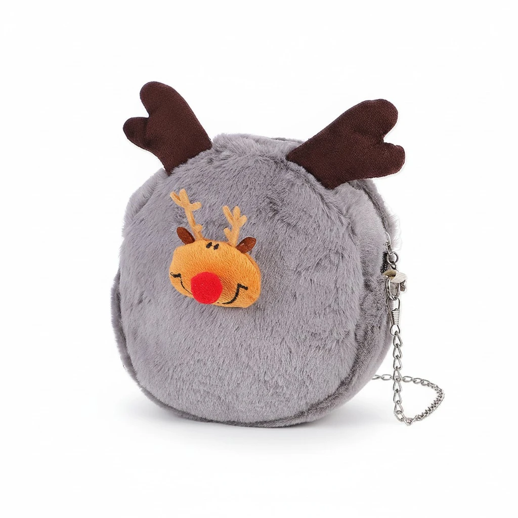 Xmas Plush Elk Chain Bag Round Cross-body Bag Cosmetic Keys Shoulder Bag