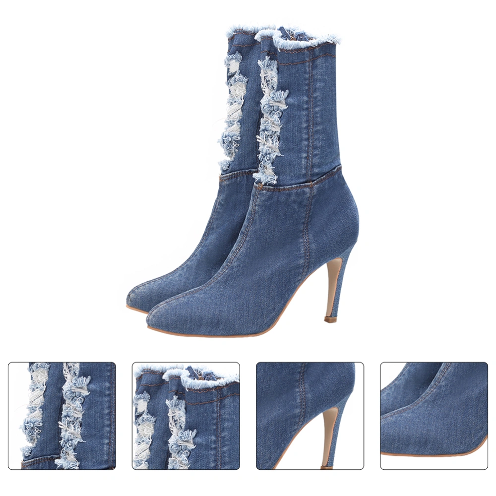 1Pair Elastic Thin Heels Boots Denim High-heeled Boots Autumn Winter Shoes