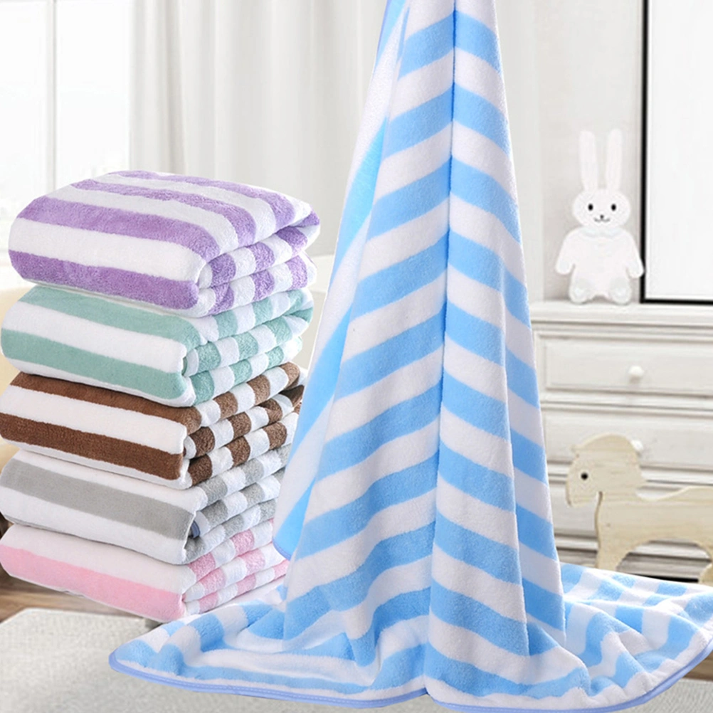 1pc Coral Fleece Bath Towel Thickened Beach Towel Wide Stripe Shower Towel