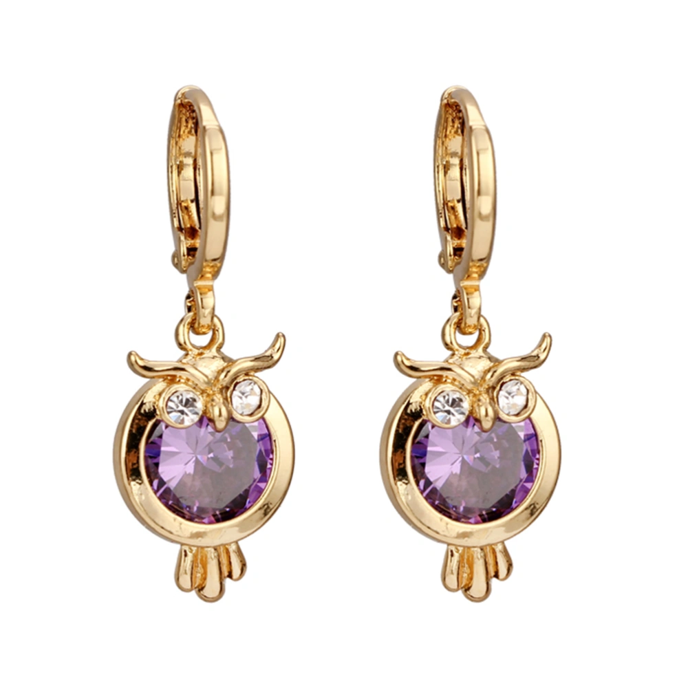 ER0441-J-Z Pair of Women's Girls Owl Style Zircon Eardrop Earrings Ear Studs (Purple)