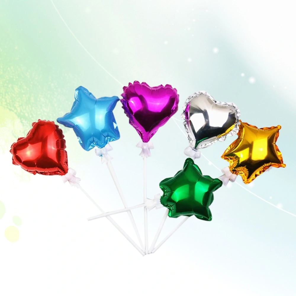 6pcs 5 inches Foil Balloon Plug-in Five-Pointed Star Loving Heart Mylar Balloons Insert for Birthday Cake Decoration (Red Silver Rosy Heart + Blue Green Golden Star)