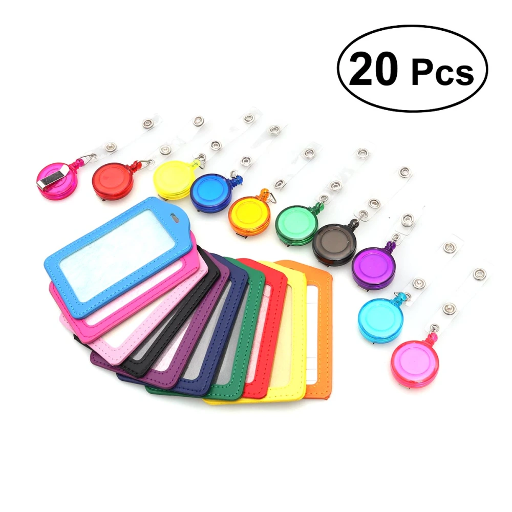 10Pcs Vertical Style PU Leather ID Badge Holder Pass Pouch Case (Mixed Color+Random Badge Reel Color)