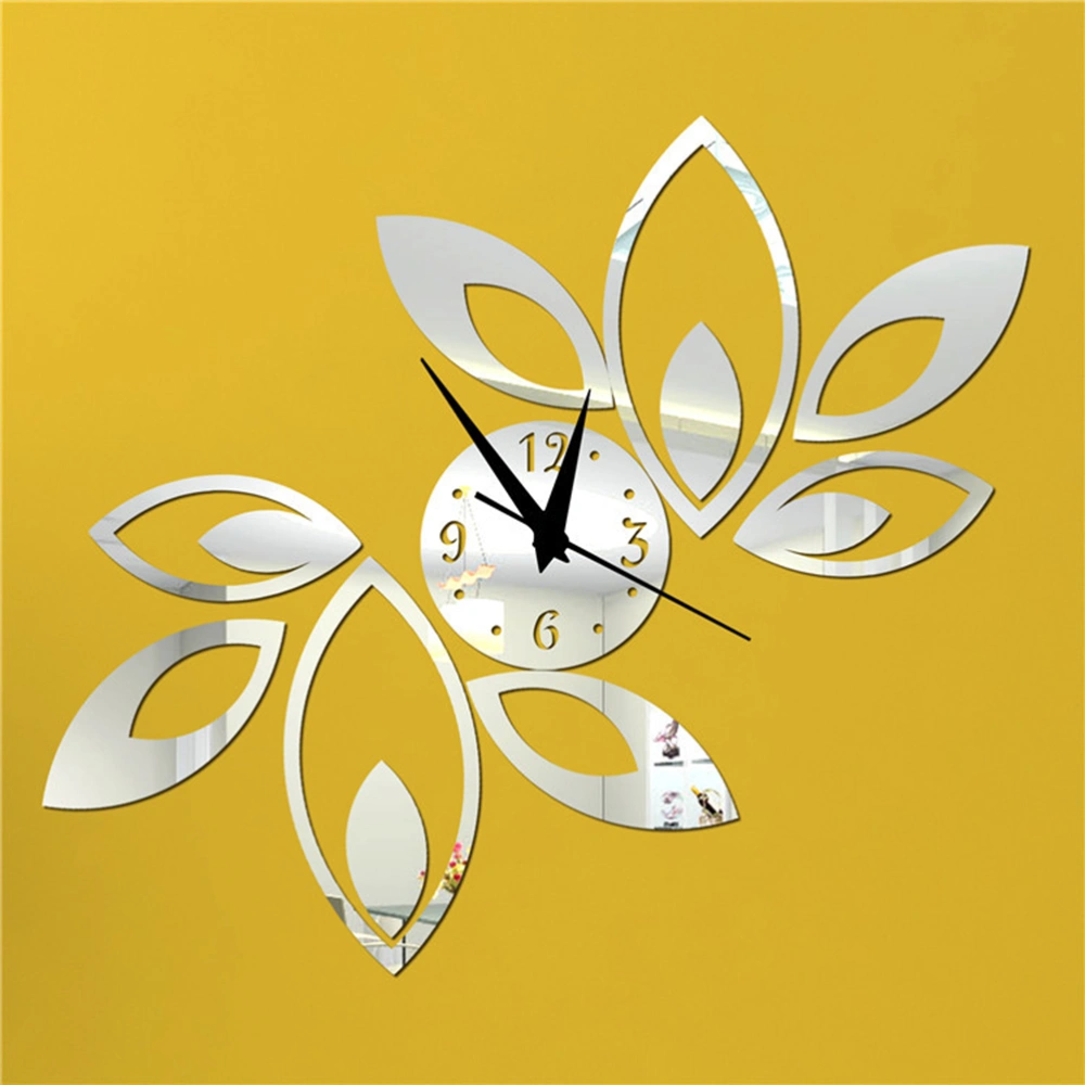 Mirror Wall Clock Rhombus Leaves Sticker Decoration (Silver)