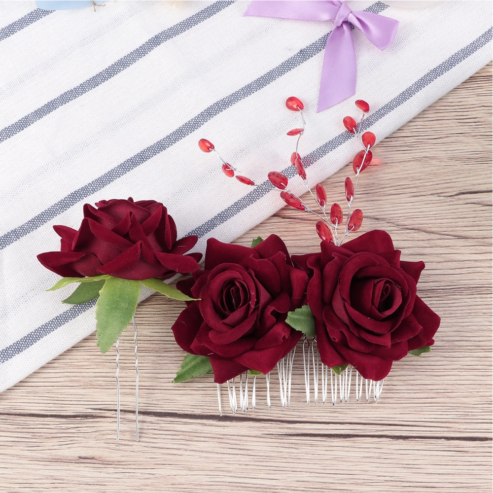 2pcs Bride Headdress Imitation Rose Flower Hair Stick and Hair Insert Comb for Wedding Party (Wine Red)