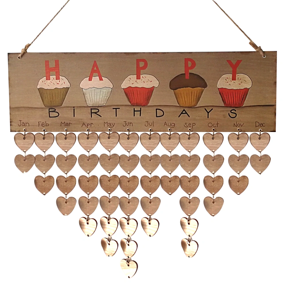 Happy Birthday Printed Colorful Letters Hanging Wooden Plaque Board Festival Birthday Reminder DIY Calendar Gift for Home Party Decoration (1 Plaque, 1 Rope, 50 Heart Wooden Slices)