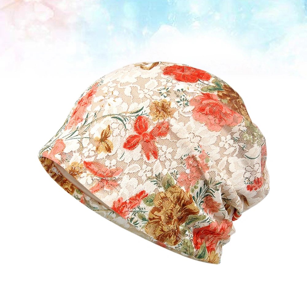 Women Head Wrap Stretch Lace Flower Decor Headwrap Chemotherapy Vintage Floral Printed Hat (Pink)