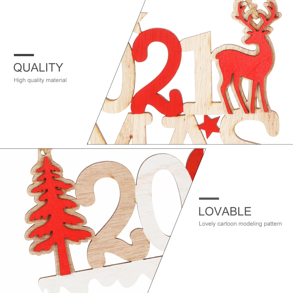 2pcs 2021 Christmas Wooden Hanging Ornaments Decorative Pendants (Red Khaki)