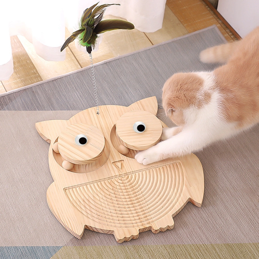 Owl Shape Cat Wood Turntable with Track Ball Pet Cat Scratching Board Sisal Toy