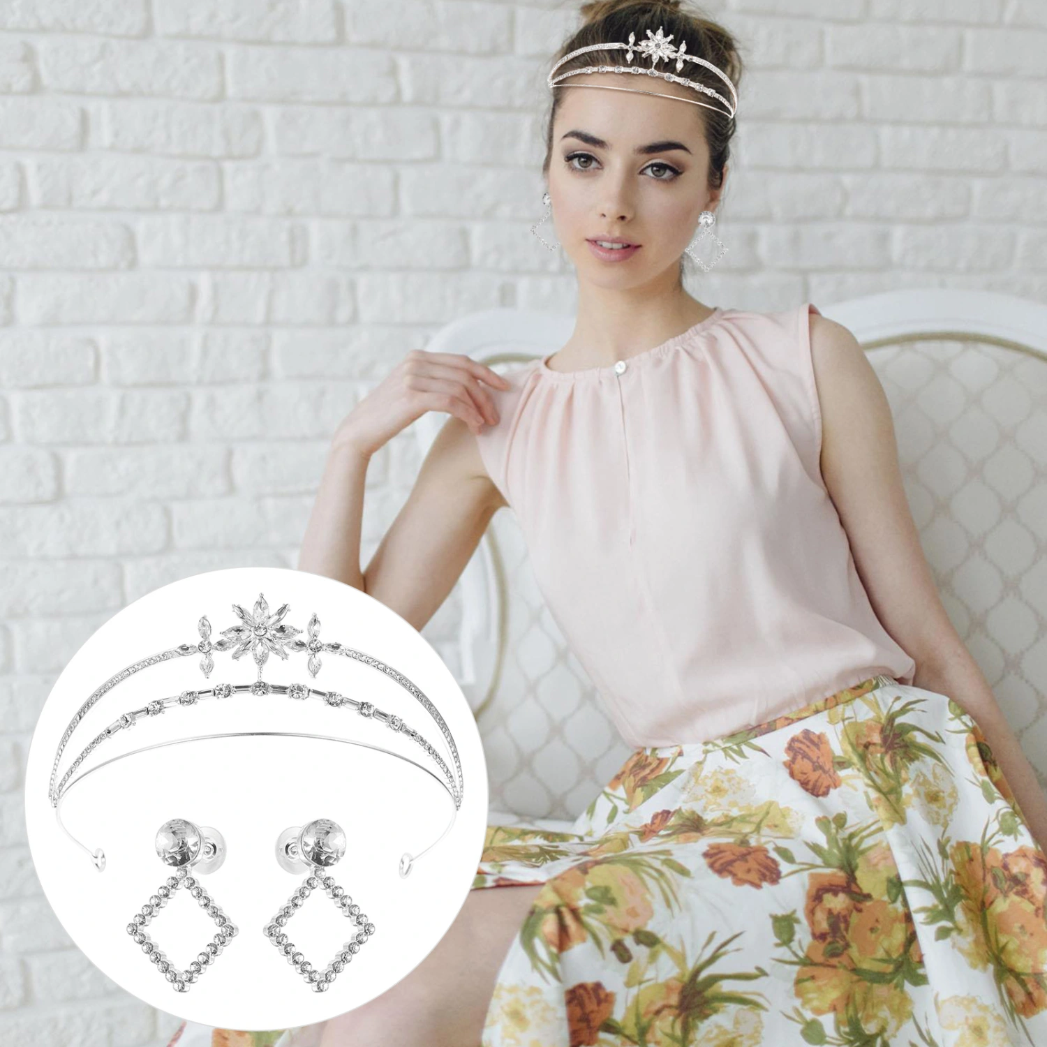 Rhinestone Queen Crown with Earrings Wedding Party Headband Jewelry Set