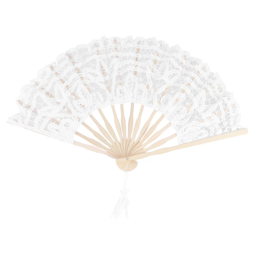 Cotton Bamboo Vintage Fan Lace Foldable Fan Elegant Gift for Women Ladies (White)