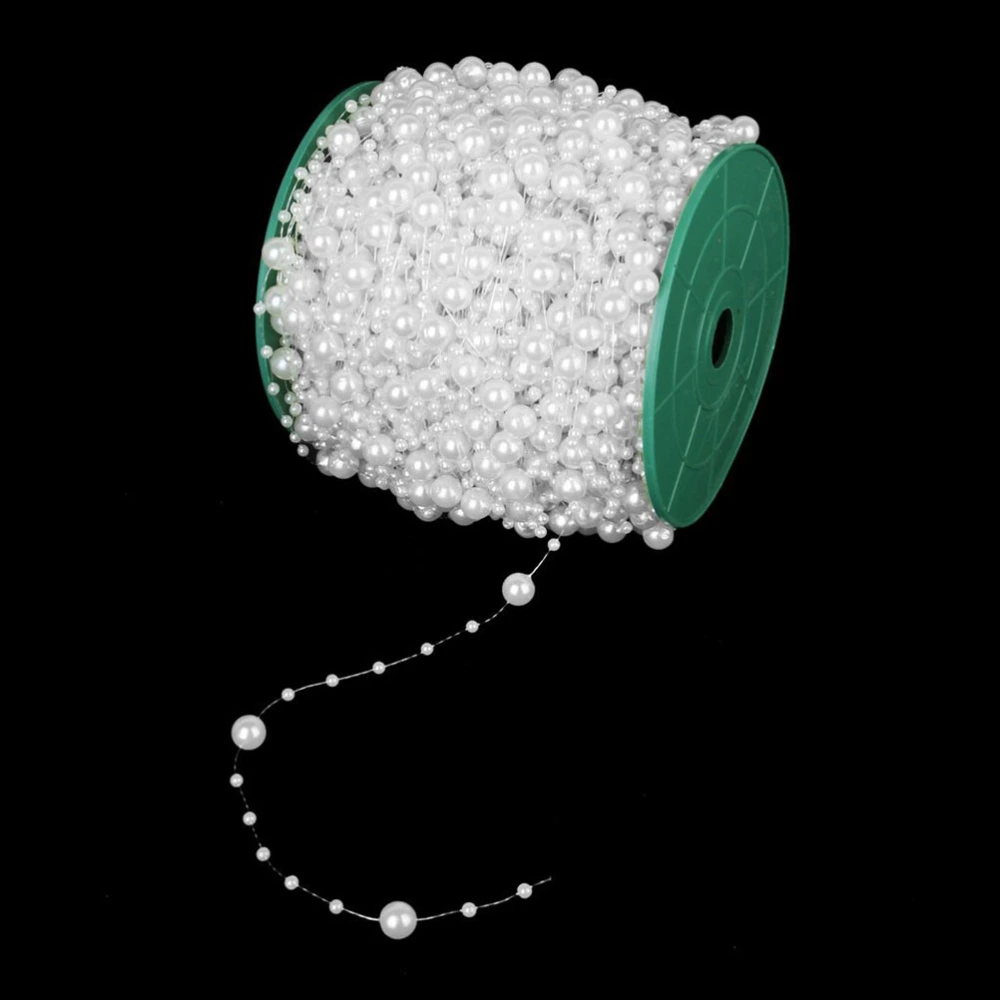 Roll 75M Faux Pearls Round Beads Beaded Chain for DIY Crafts Decor (White)