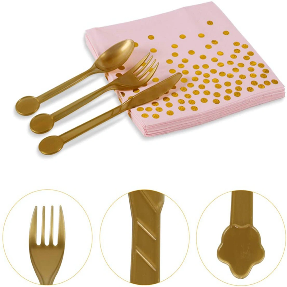 1 Set of 96PCS Disposable Tableware Set Black Gold Stamping Dot Cutlery Kit Multi-purpose Party Flatwares Set for Party (Pink Tableware Set for 10 People Use)