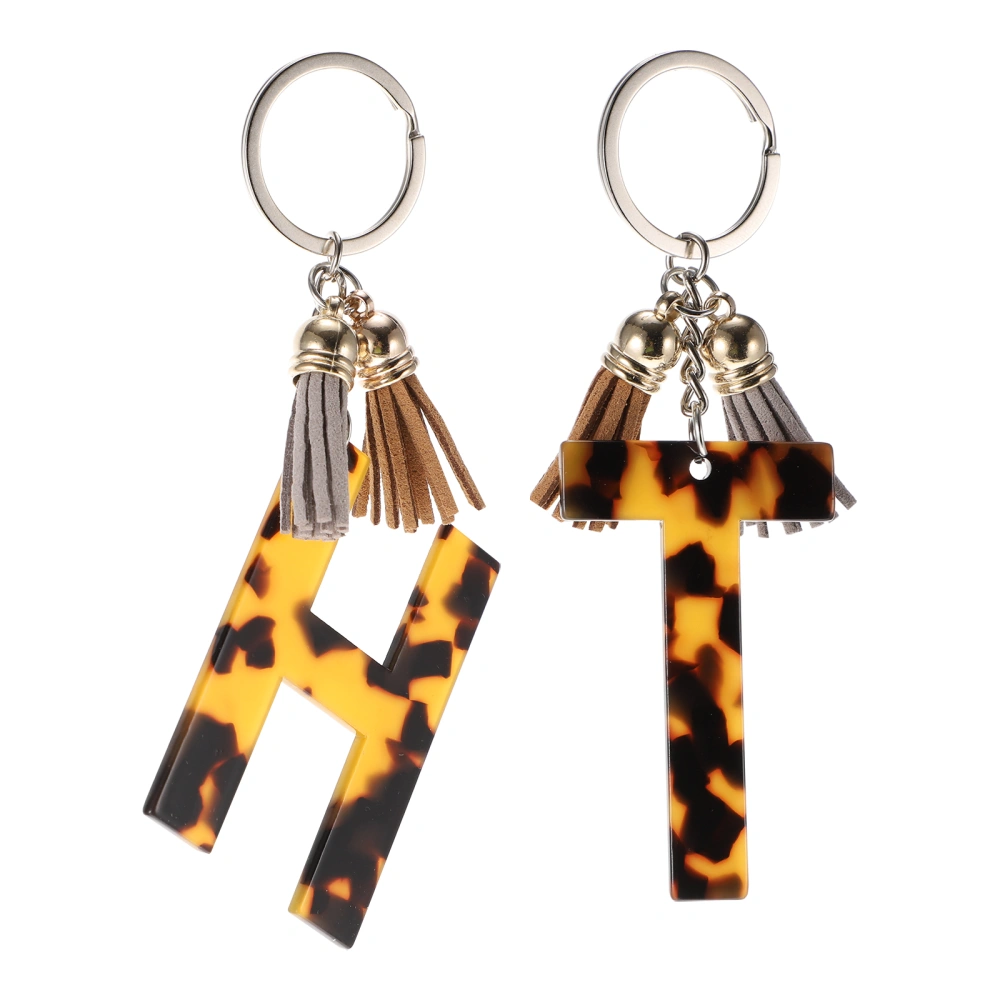 2pcs Leopard Printing Alphabet Key Rings Leopard Alphabet Fringe Pendants