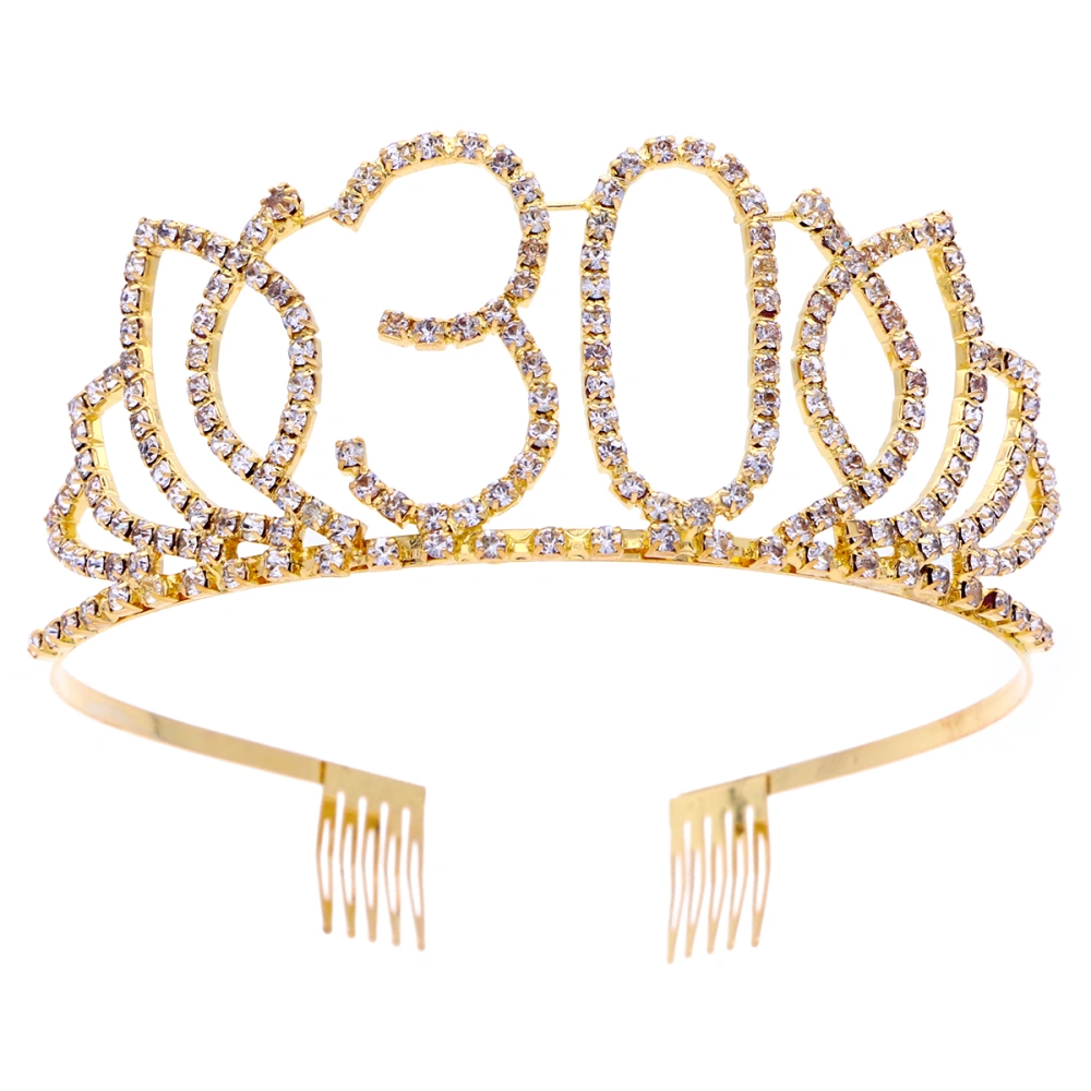 Girl's 30th Birthday Tiara Crystal Rhinestone Birthday Tiara Queen Crowns Headband with Hair Combs Clip for 30th Birthday Party Prom Decorations (Gold)