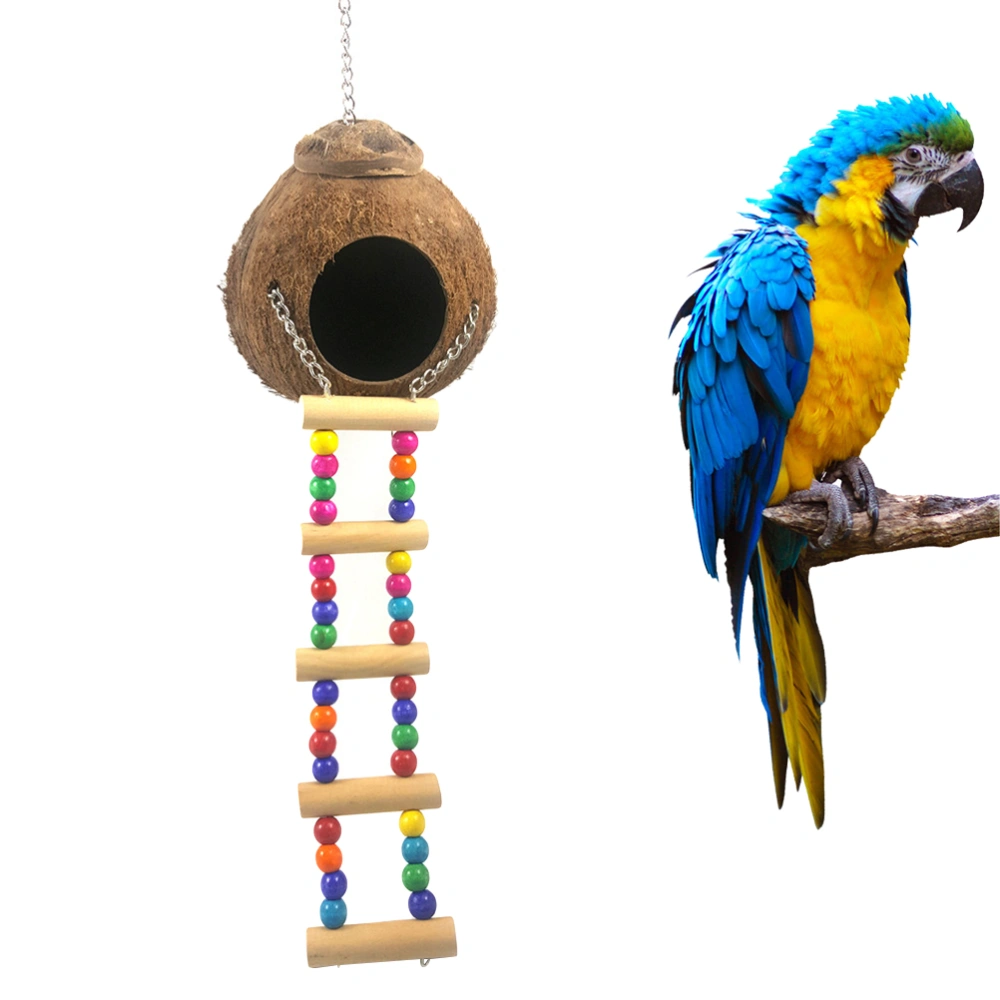 Natural Wooden Parrot Toys Parrot Nest Bird Supplies Birdhouse Coconut Shell Ladder Climbing Ladder Bird Toy