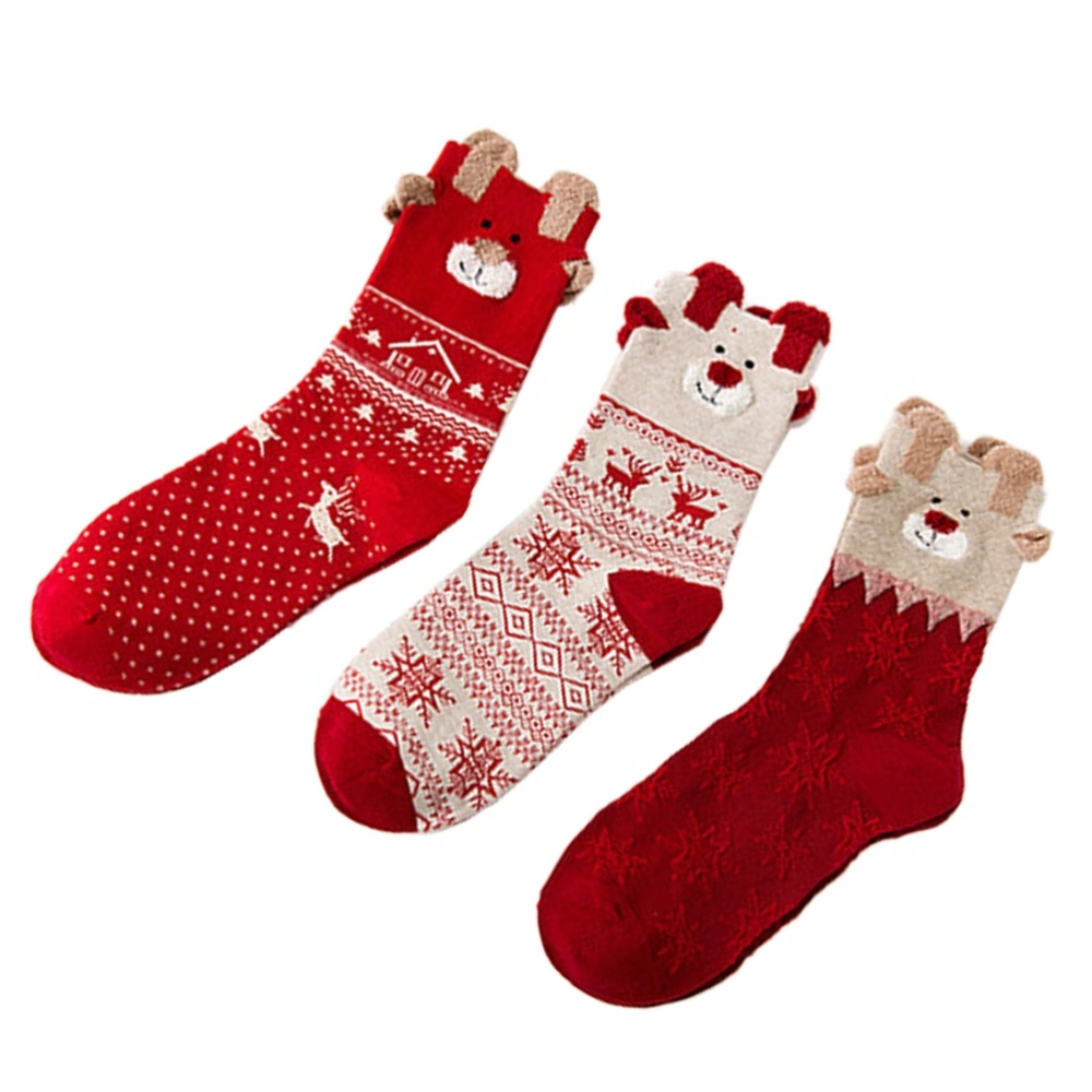 3 Pairs of Elk Pattern Christmas Socks Cartoon Stockings Adorable Socks Box