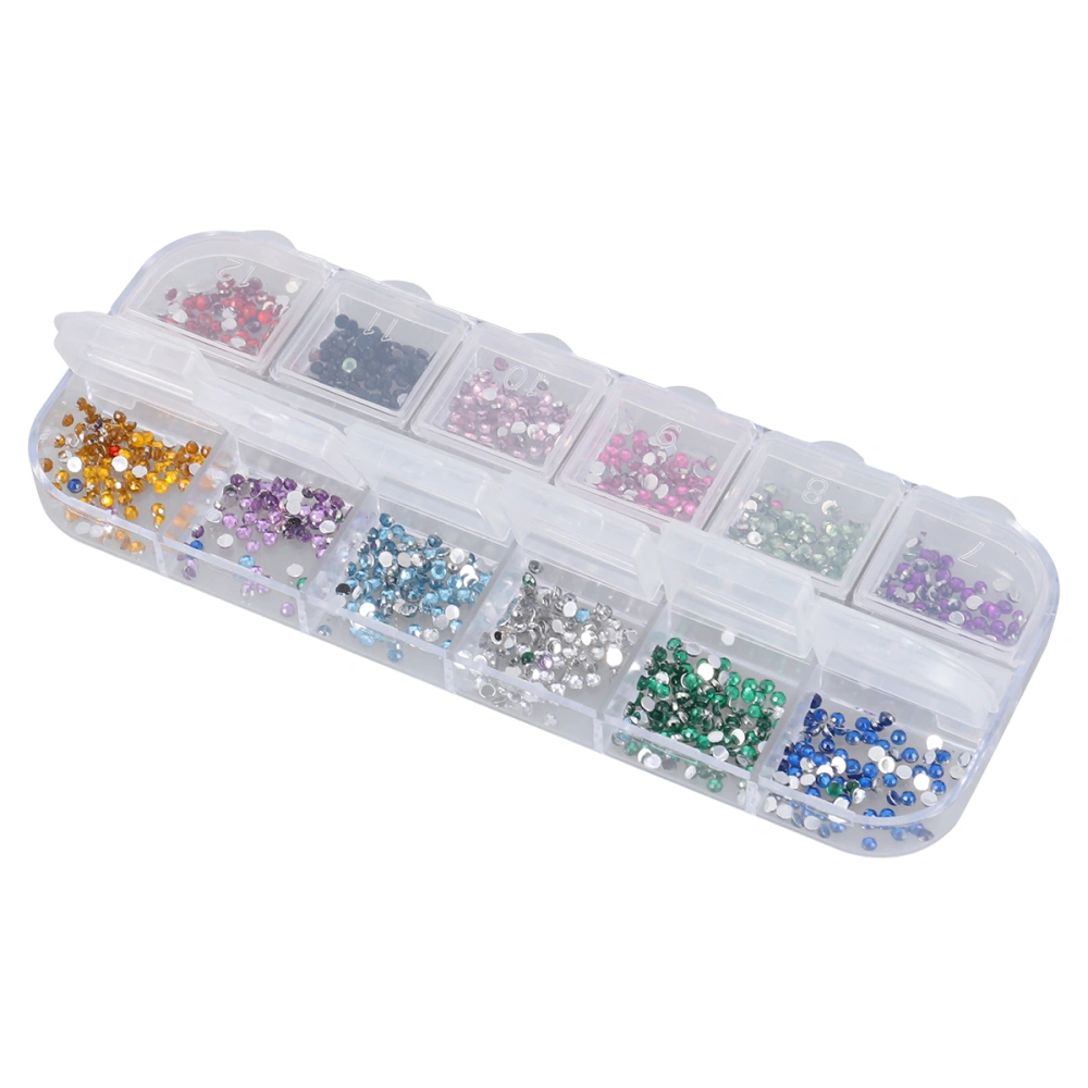 2.0mm 12 Color Nail Glitter Rhinestones Nail Art Decorations Mixed Size with Clear Container