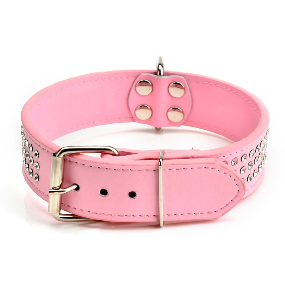 Adjustable Three-row Rhinestone Studded PU Dog Collar - Size M (Pink)