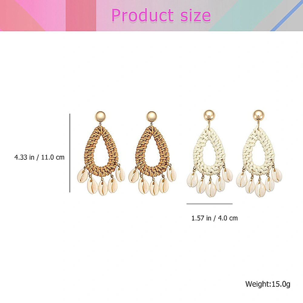 Shell Eardrop Rattan Kintting Retro Water Drop Handcraft Hollow Eardrop Beautiful Jewelry Earring for Woman (Coffee)