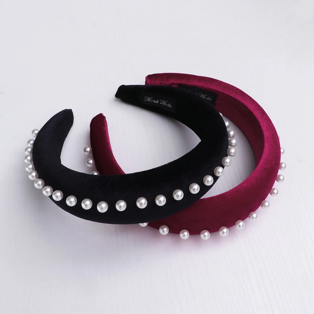 2pcs Sponge Studded Pearl Hair Band Cloth Headband Hair for Women (Black Dark Red）