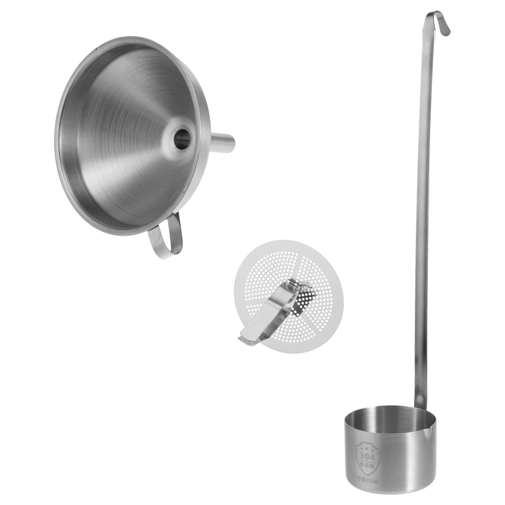 1 Set Kitchen Funnel with Ladle Oil Wine Filter Stainless Steel Funnel Filter