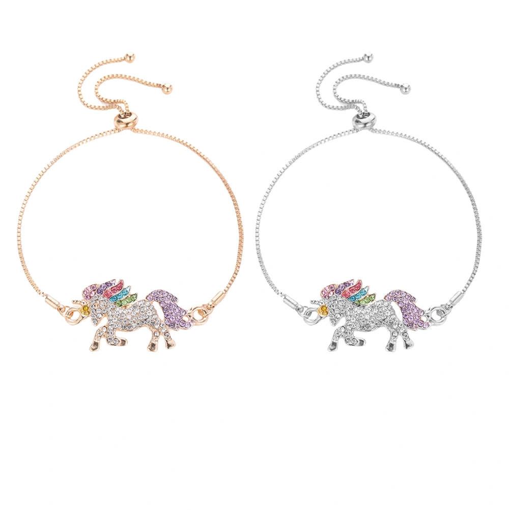2pcs Bracelet Rhinestone Adjustable Unicorn Shape Bracelet Jewelry for Girls Women (Silver and Golden)