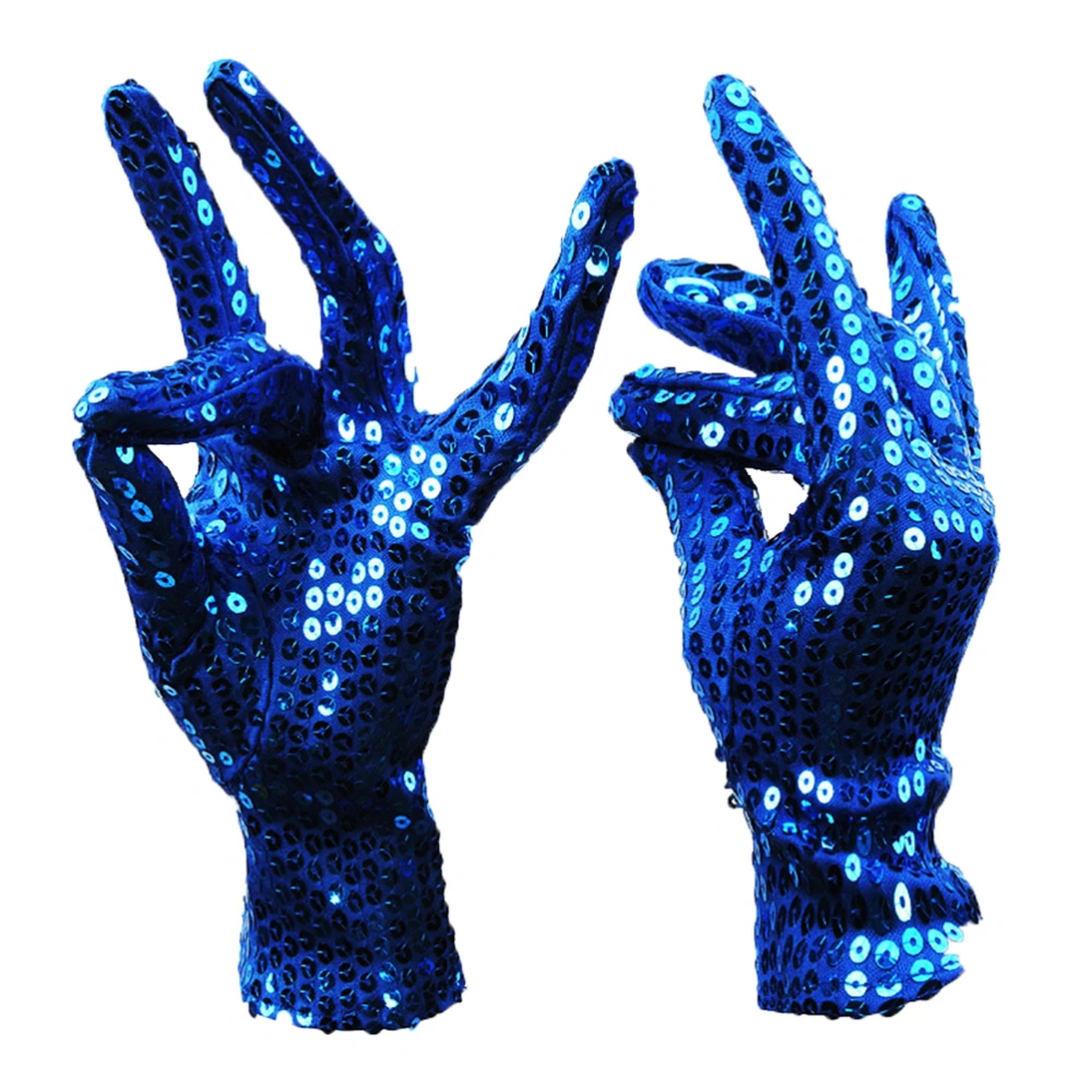 Women Men Bling Bling Costume Gloves Wrist Length Short Sequins Gloves for Adult Dance Stage Performance (Blue)