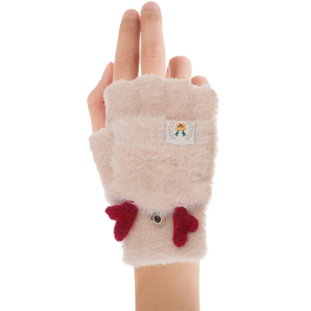 1 Pair Kids Plush Gloves Warm Keeping Gloves Cover Type Half-finger Gloves Outdoor Hand Protector for Children (Beige Antler)