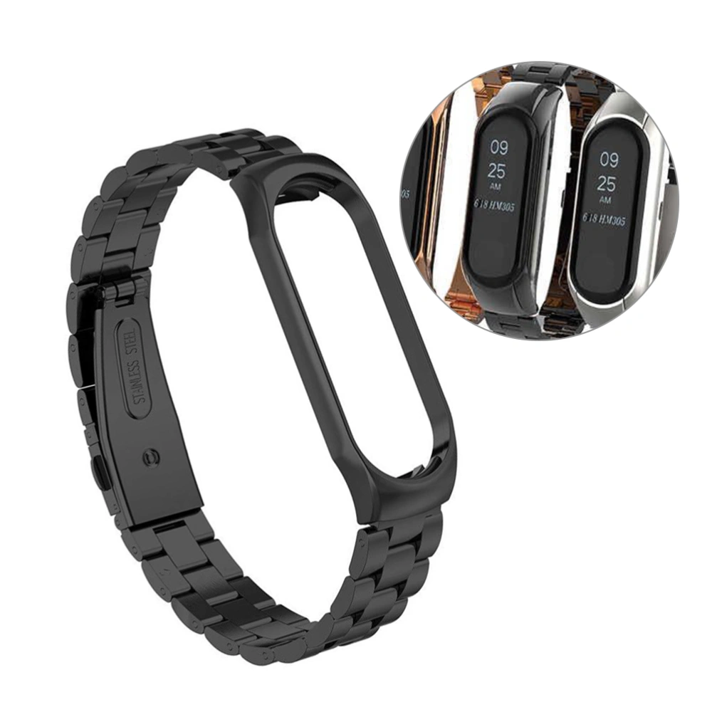 Three Beads Stainless Steel Watch Strap Replace Bracelet Wrist Band Compatible for Xiaomi Bracelet 3 Brcelet 4 Black